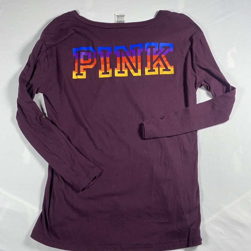 Victoria's Secret PINK Logo Long Sleeve V-Neck Campus Tee - Purple, Small - Picture 2 of 5